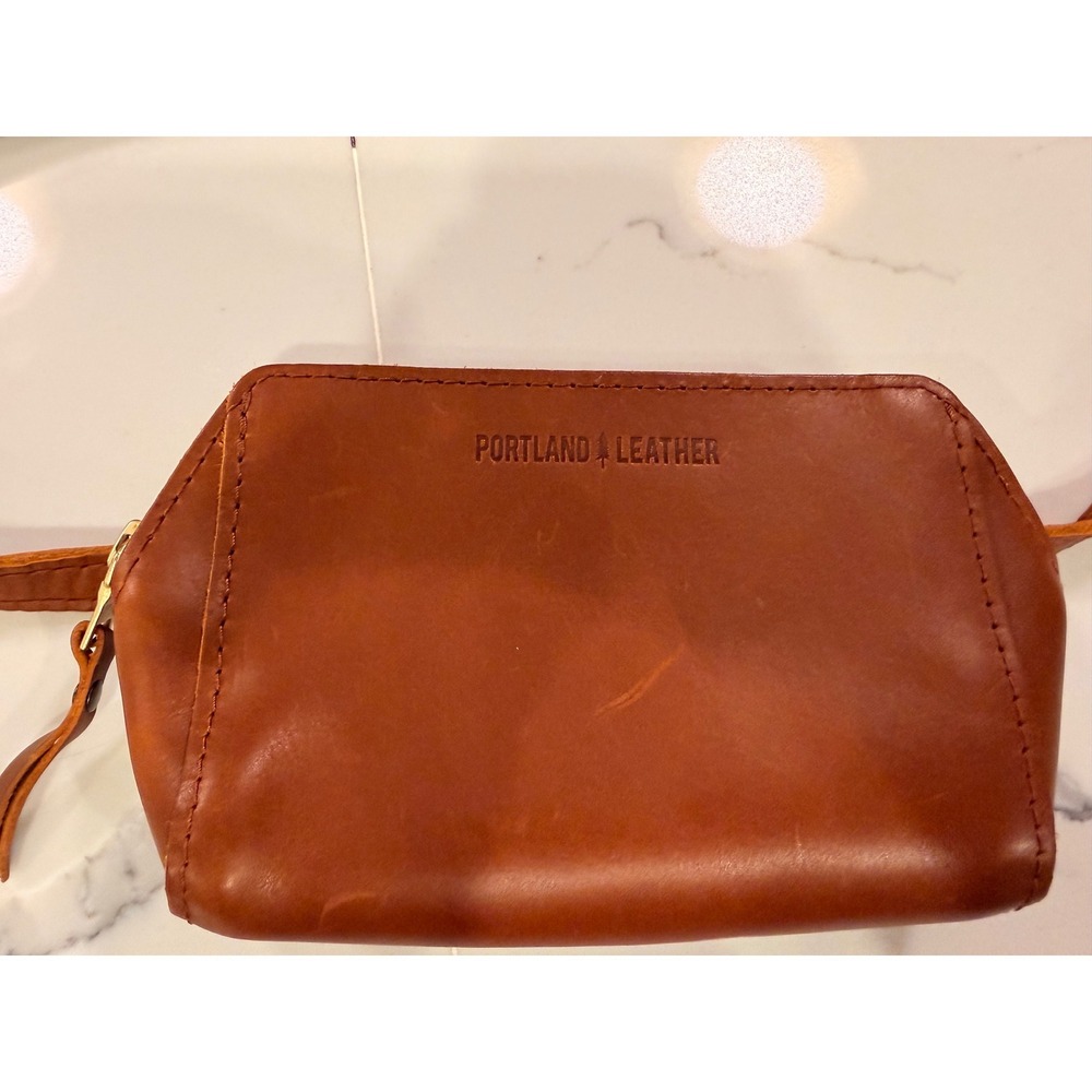 Portland Leather Crossbody Bag Cognac Brown Mini Zip Pouch Adjustable Strap